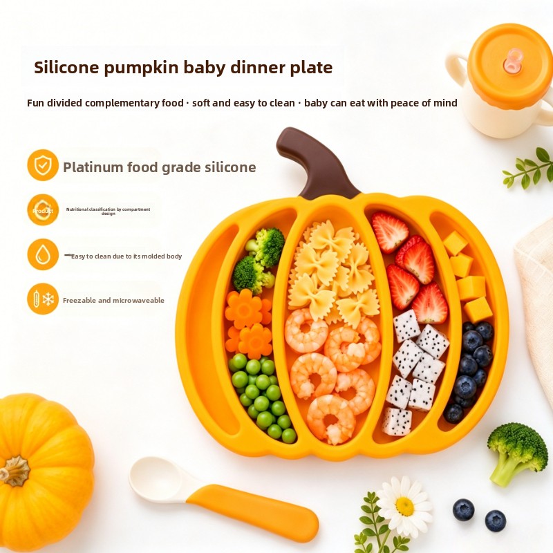 Baby Food Dinner - Pompoen siliconen babybord met compartimenten, anti-krakend