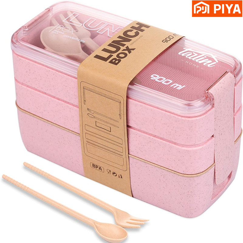 Snack Container Travel - 3-In-1 Compartiment Tarwe Stro Bento Box